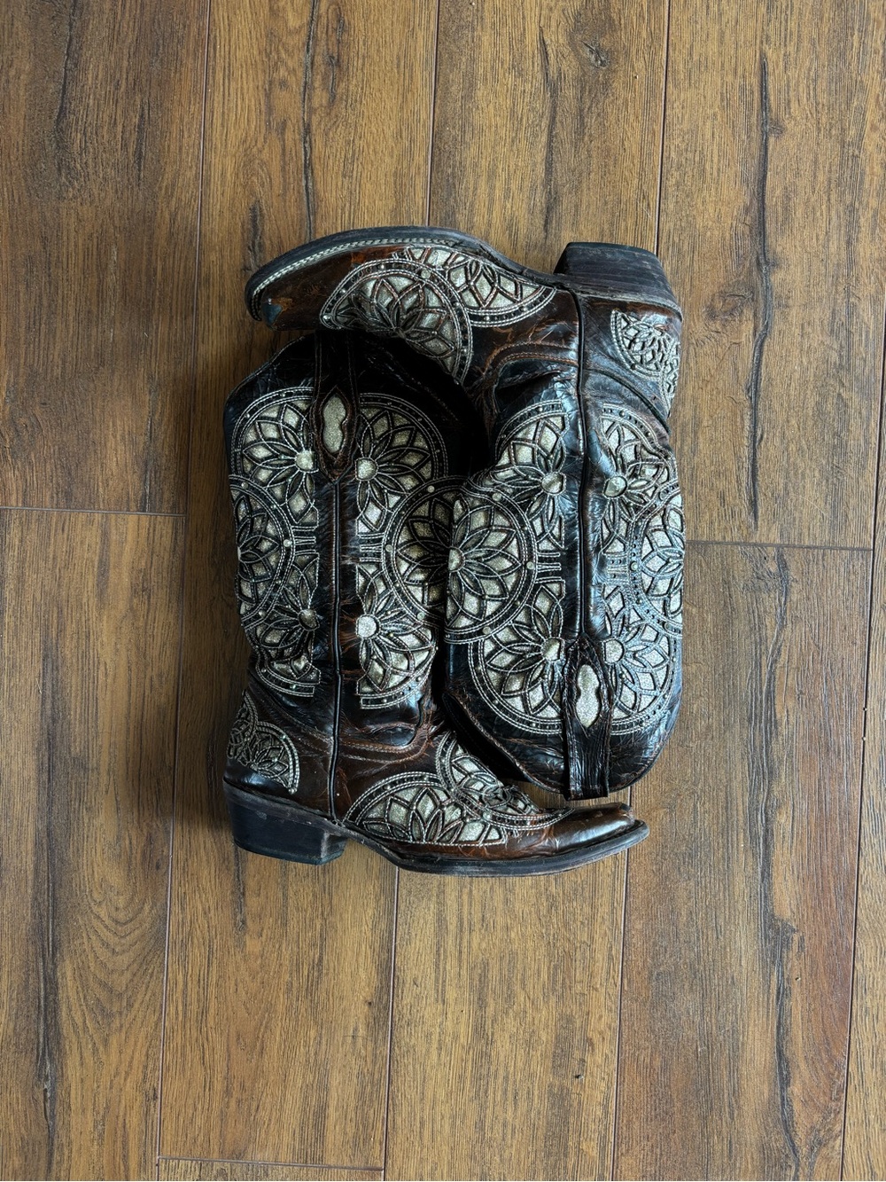 Ariat Dark Brown Western Boots with Cream Embroidered Medallions